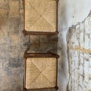 Pair of 20th-century wooden stools with straw seats