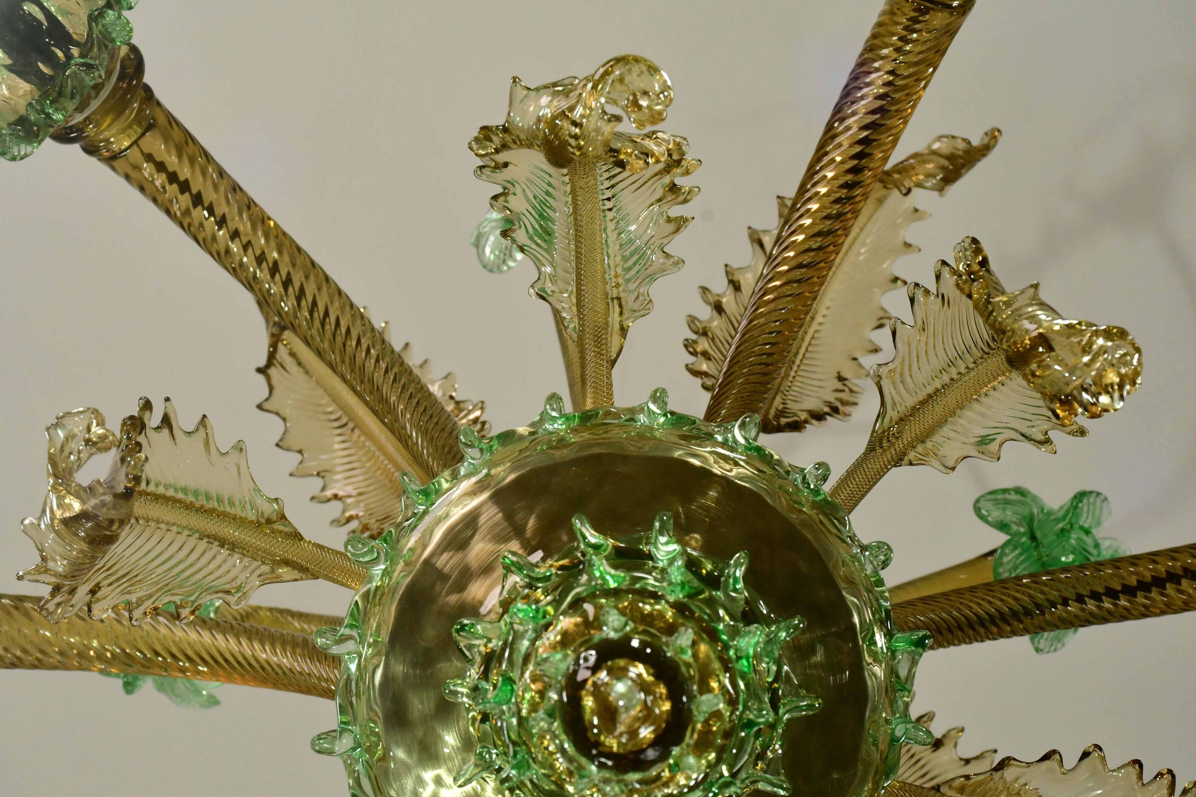 6 arms vintage Venetian chandelier, green Murano glass, 1950s