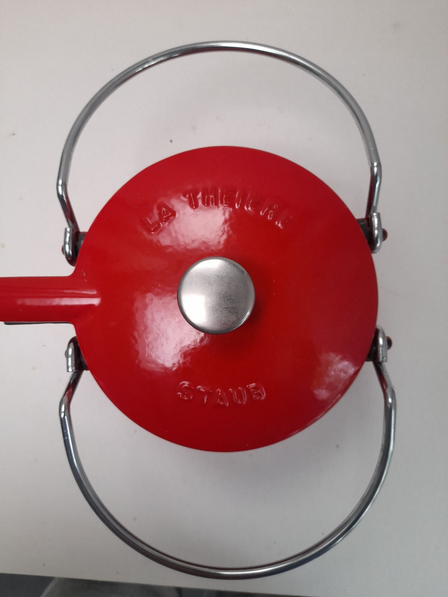 The Staub red enamelled cast iron teapot.