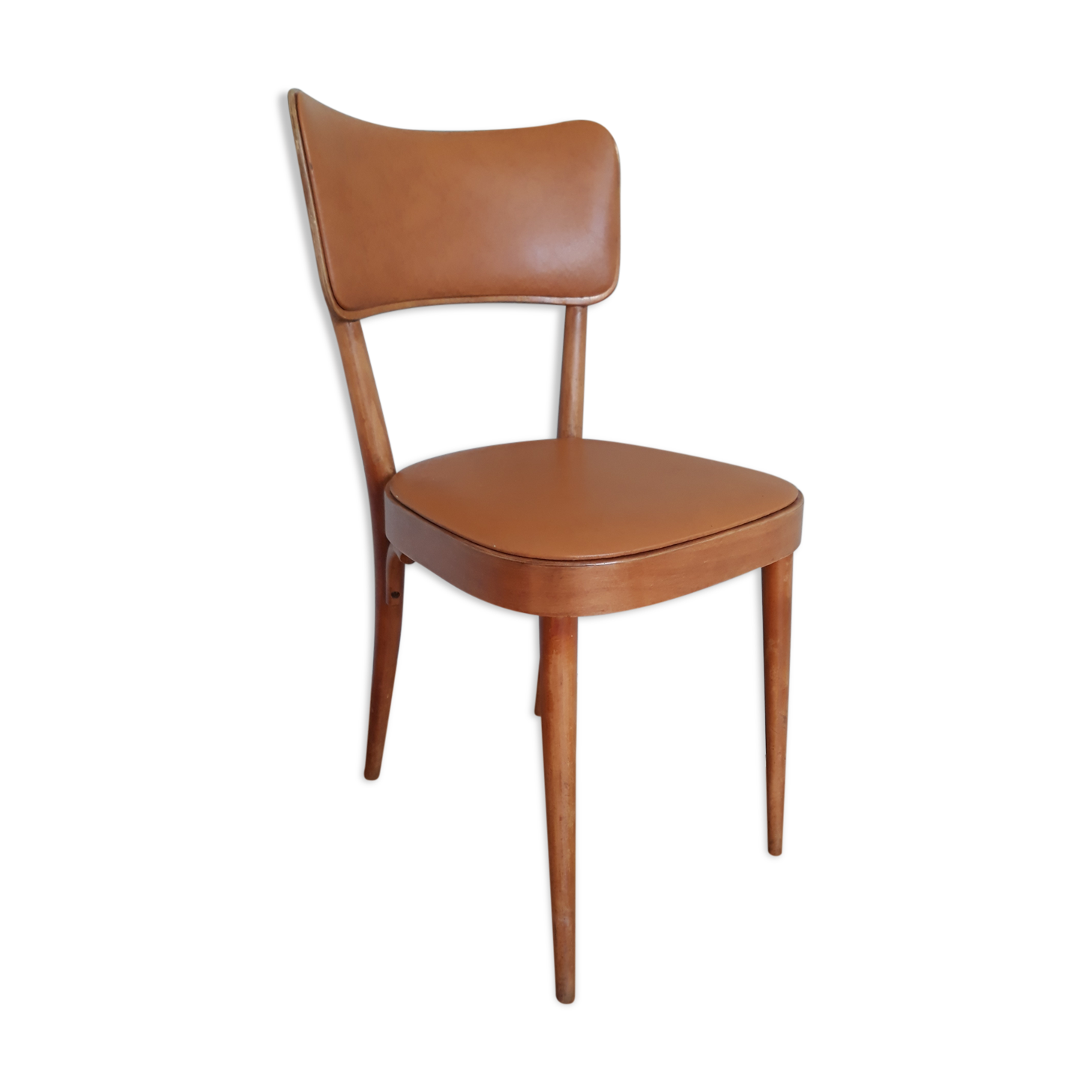 Bistro chair Baumann 1963 curved wood and skaï imitation leather caramel