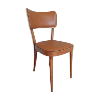 Bistro chair Baumann 1963 curved wood and skaï imitation leather caramel
