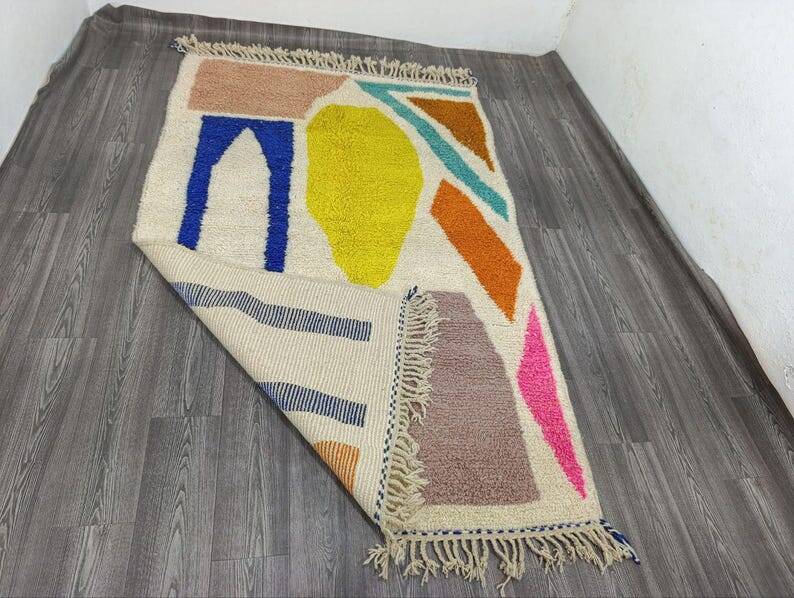 Blessed Moroccan Ourain rug, handwoven with colourful patterns, 150/250 cm.