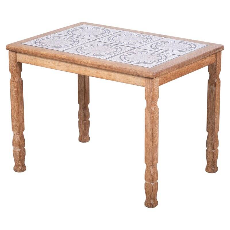 Brutalist Oak Side Table with Tiles, Denmark, 1960s