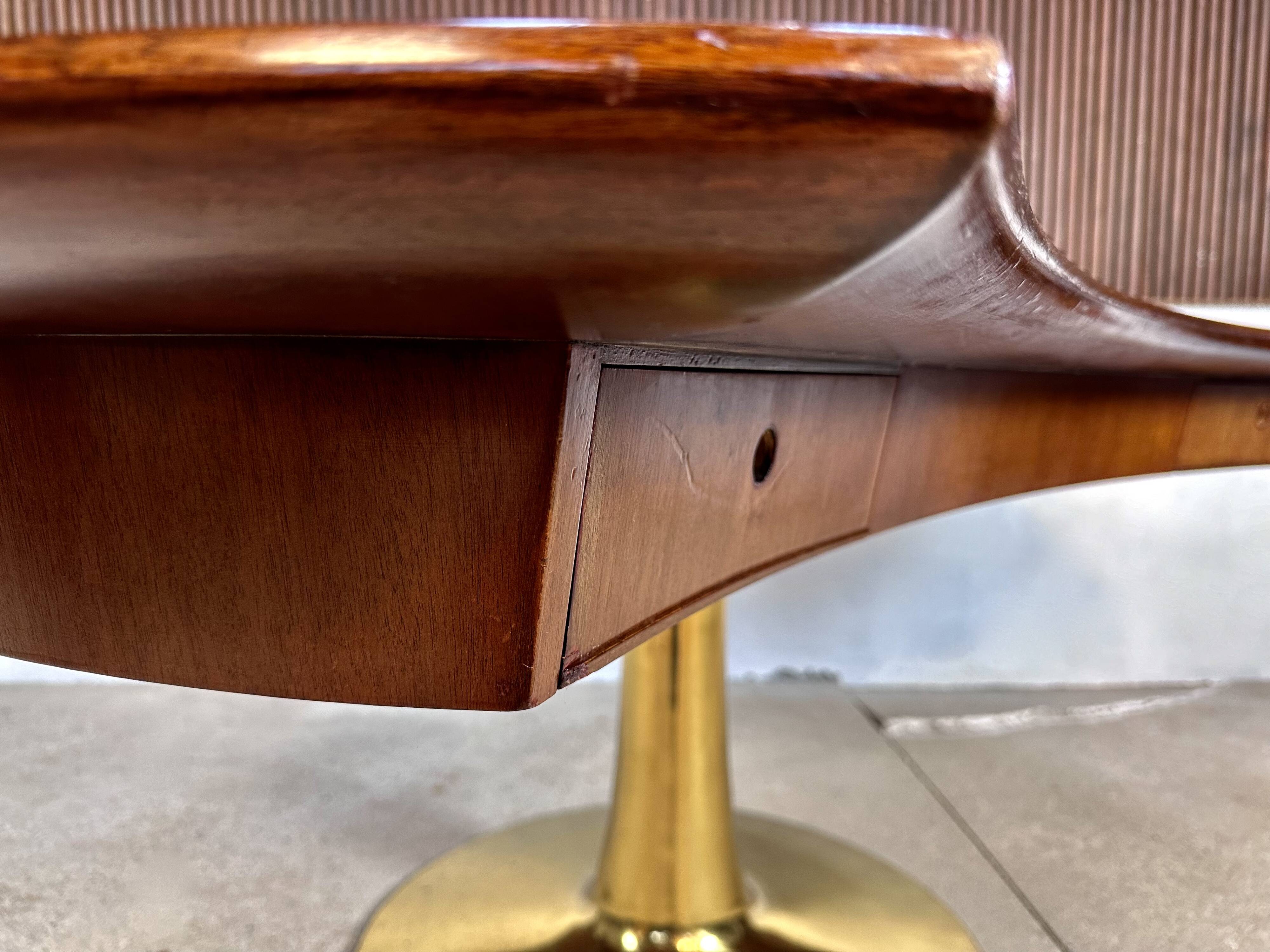 Large Italian Single Column Crescent-Shaped Desk in Goat Skin & Brass 1950s