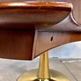 Large Italian Single Column Crescent-Shaped Desk in Goat Skin & Brass 1950s