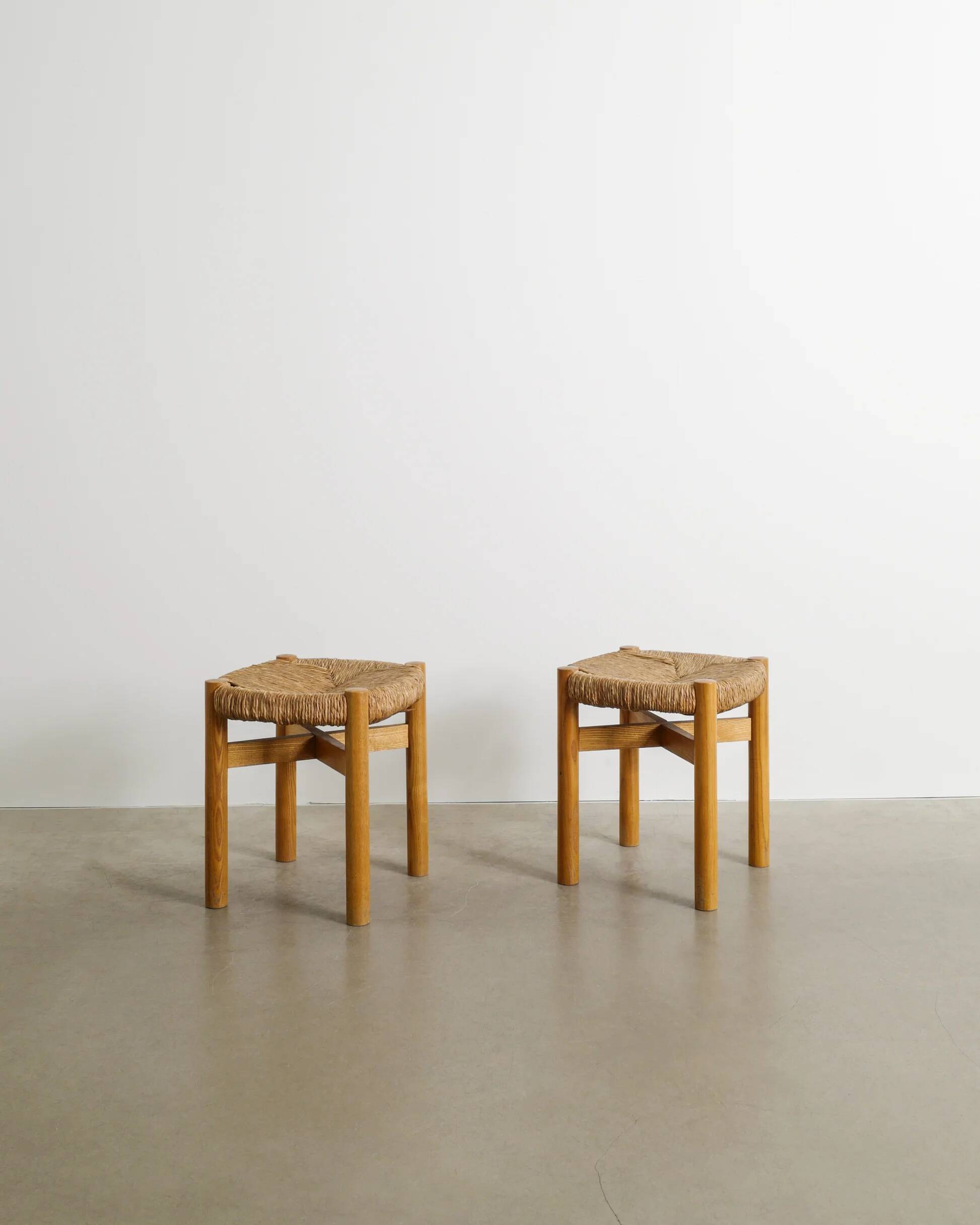 Pair of French Mid Century Wooden Meribel Stools by Charlotte Perriand 1960