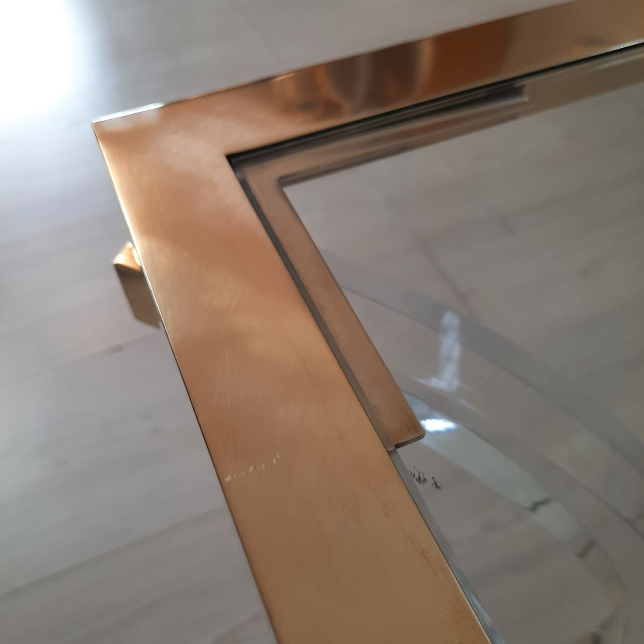 Square coffee table, lucite, brass and glass, Hollywood Regency