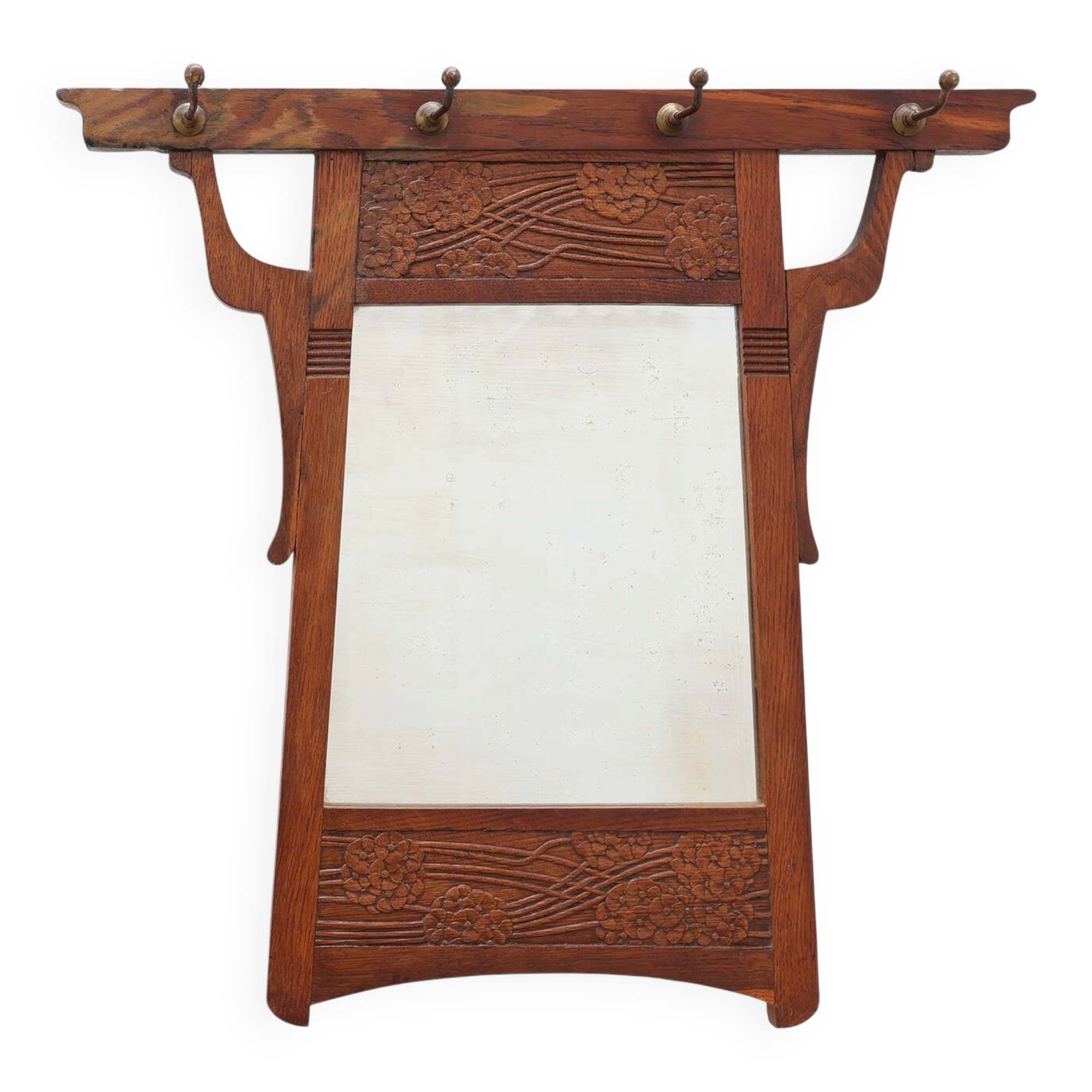 Art Nouveau Oak Coat Rack with Mirror and Floral Carvings, Belgium, circa 1