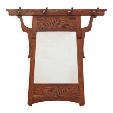 Art Nouveau Oak Coat Rack with Mirror and Floral Carvings, Belgium, circa 1