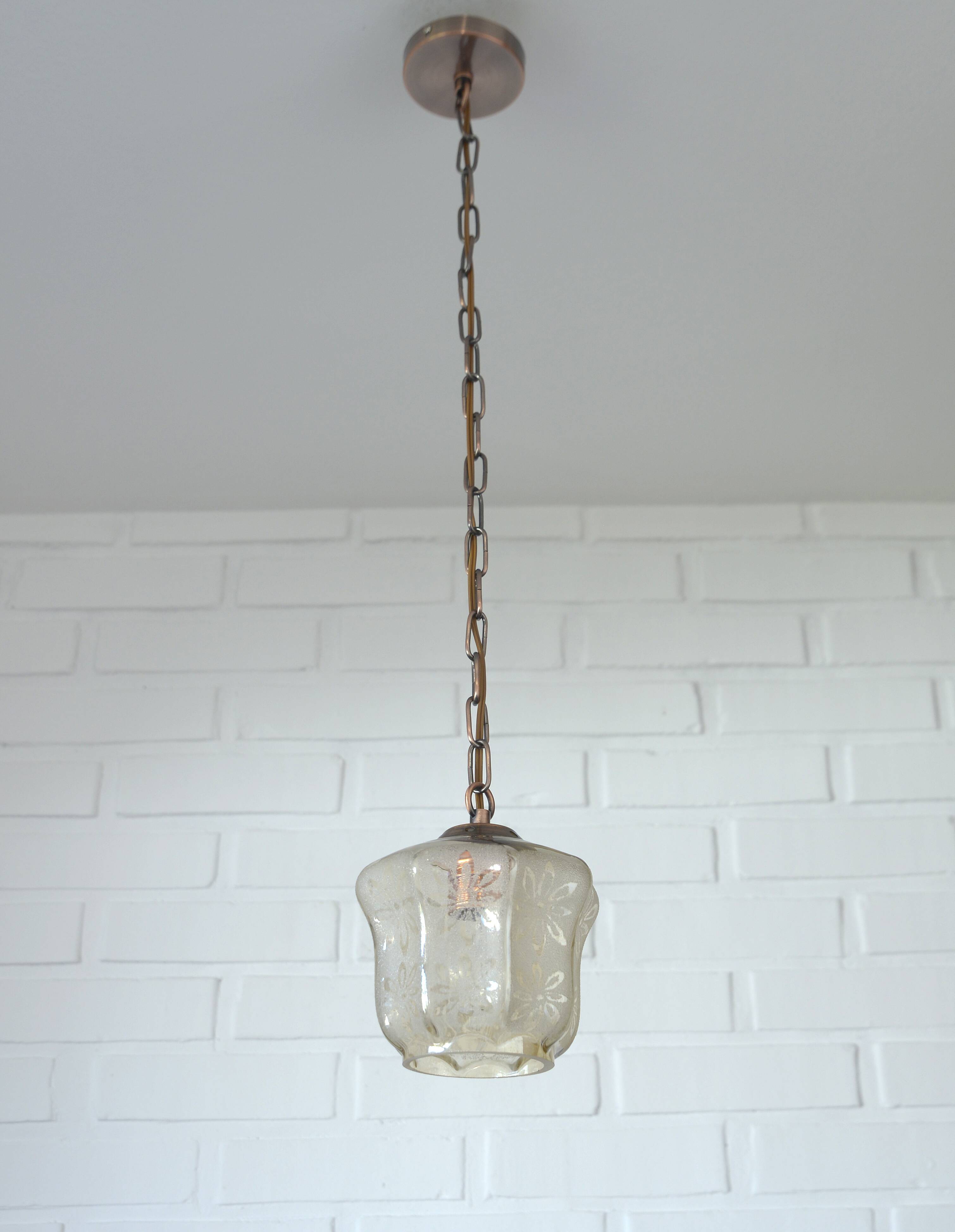 Vintage copper pendant light / amber glass and rustic chain hanging lamp