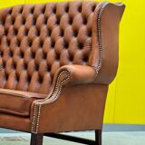 English Georgian Style Tufted Leather Chesterfield Wingback Two Seater Sofa