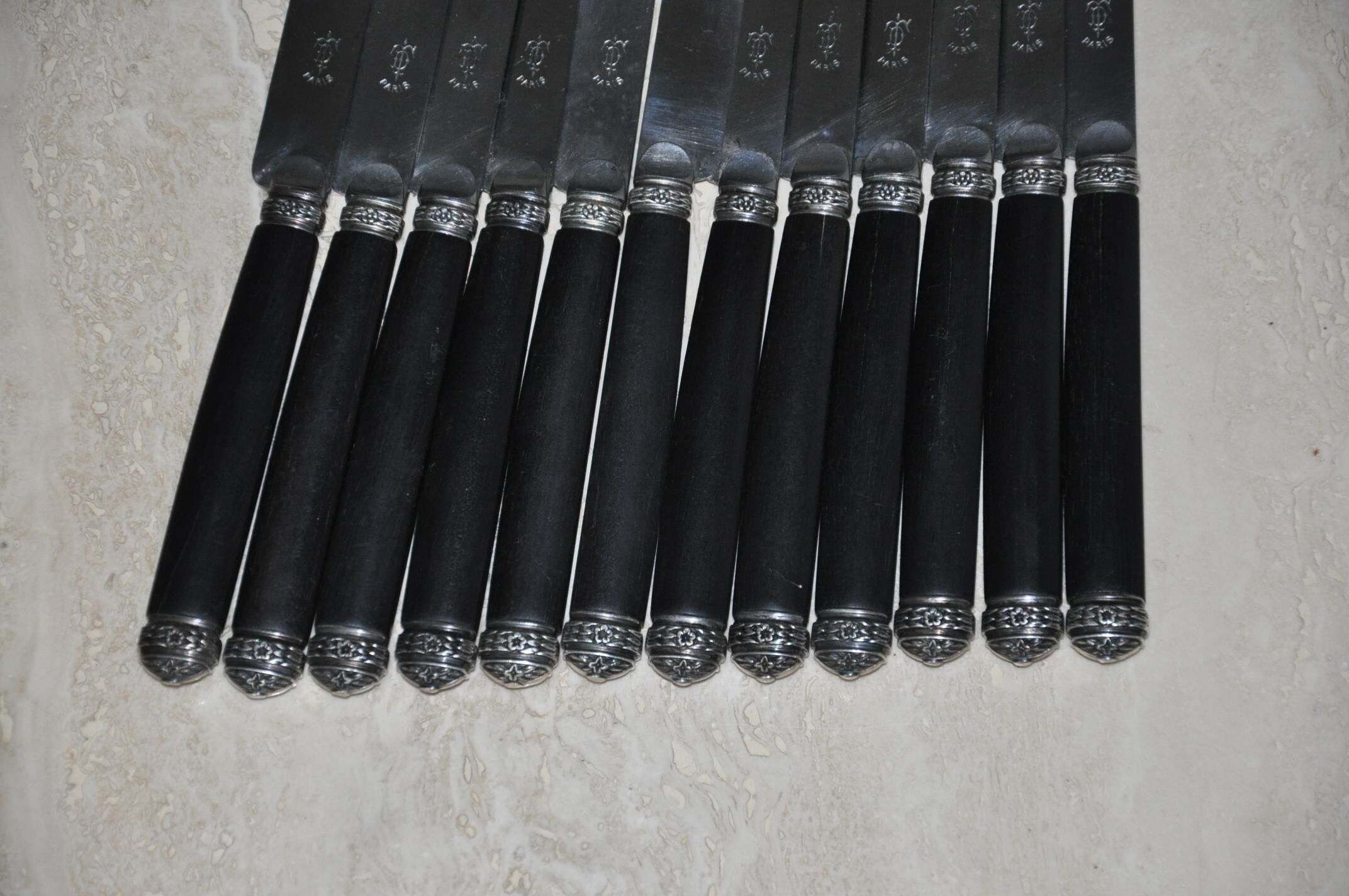 12 Antique silver ebony dessert knives