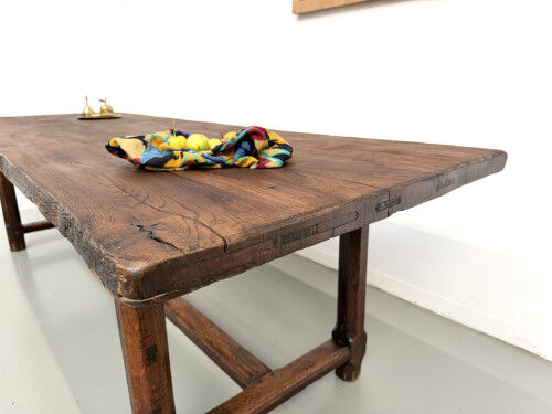 Brutalist farmhouse table in solid oak, 270 cm, 1920s.