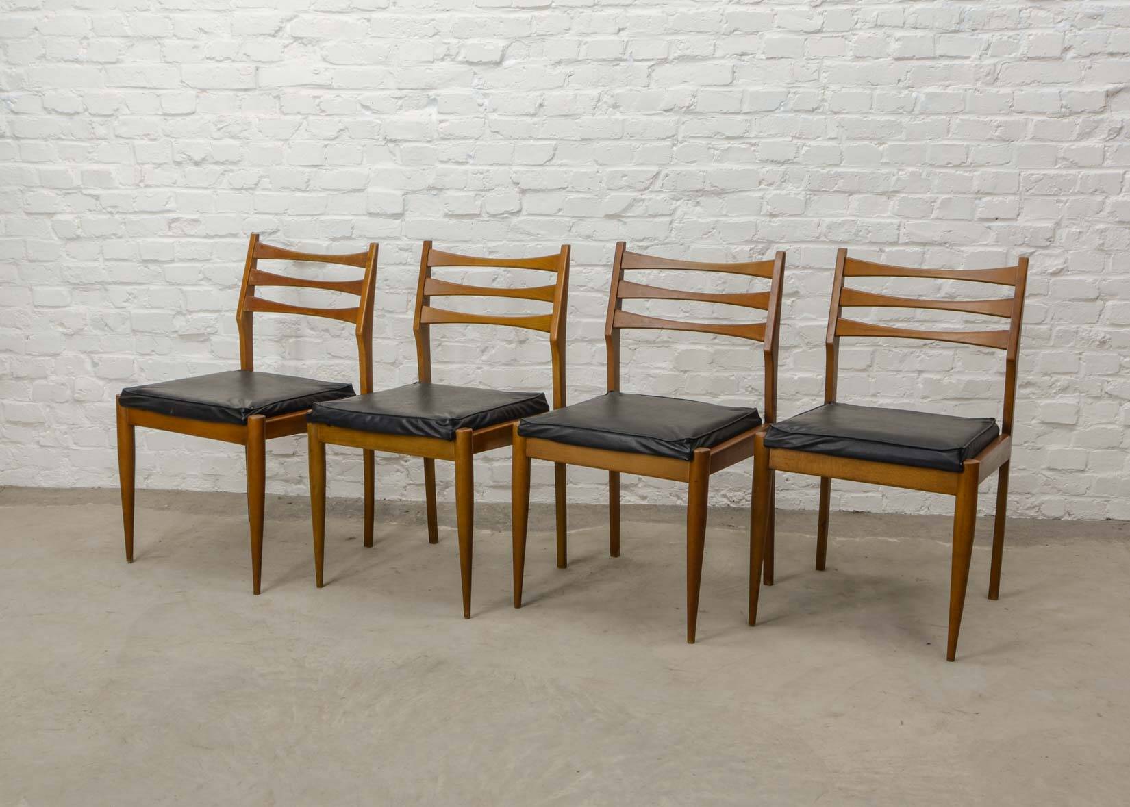 Solid Wood Ladder Dining Chairs with Square Black Leatherette Seating 1960s