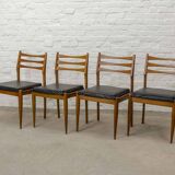 Solid Wood Ladder Dining Chairs with Square Black Leatherette Seating 1960s