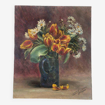 Nature morte aux tulipes, huile sur toile.