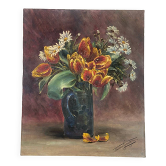 Still life with tulips, oil on canvas.