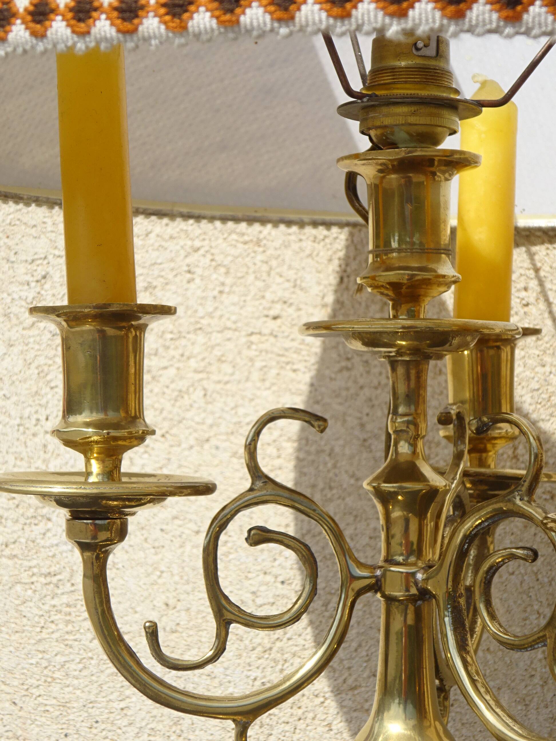 Copper candlesticks adapted as bedside lamps, the pair.