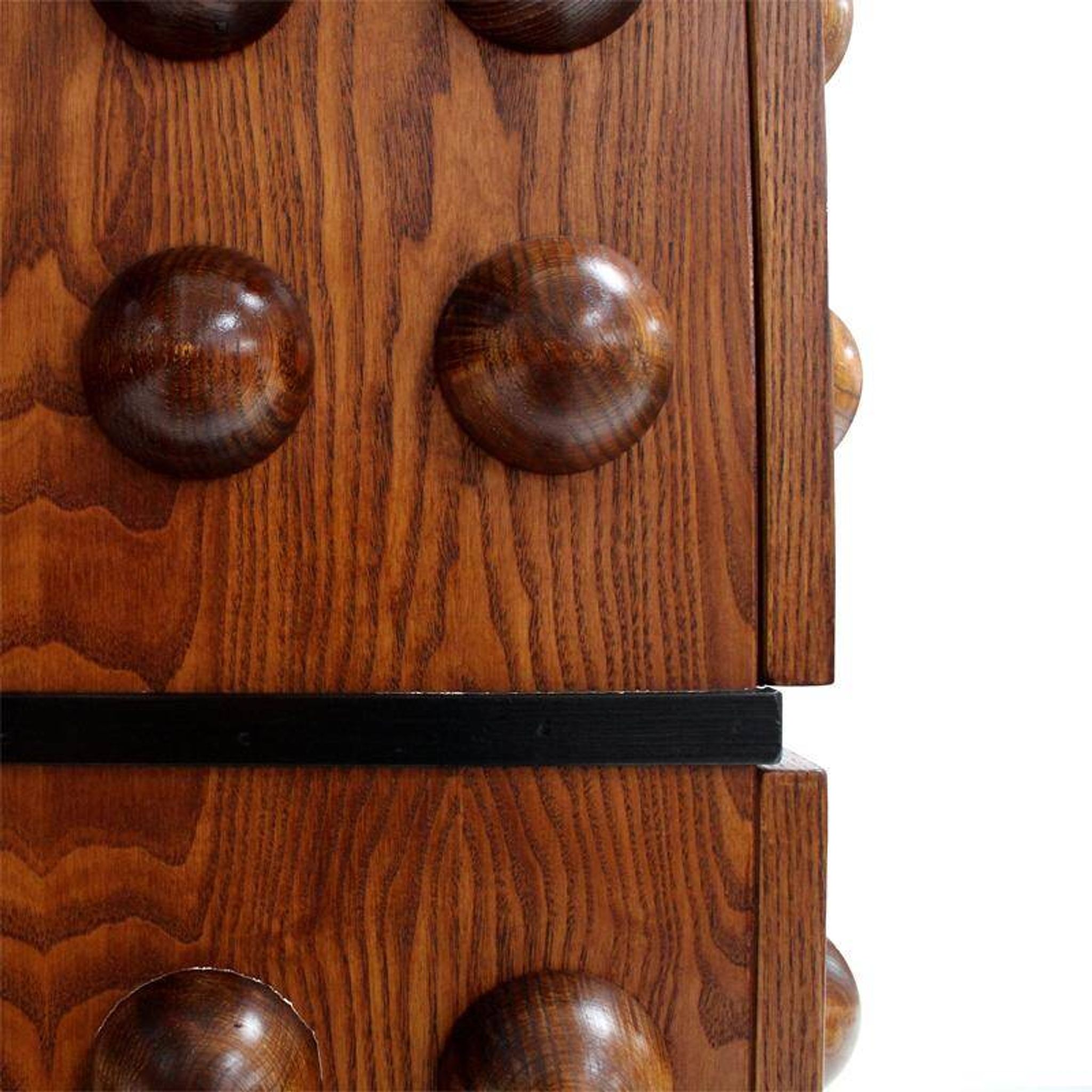 Italian brutalist-style bar made of wood and glass, drinks cabinet.