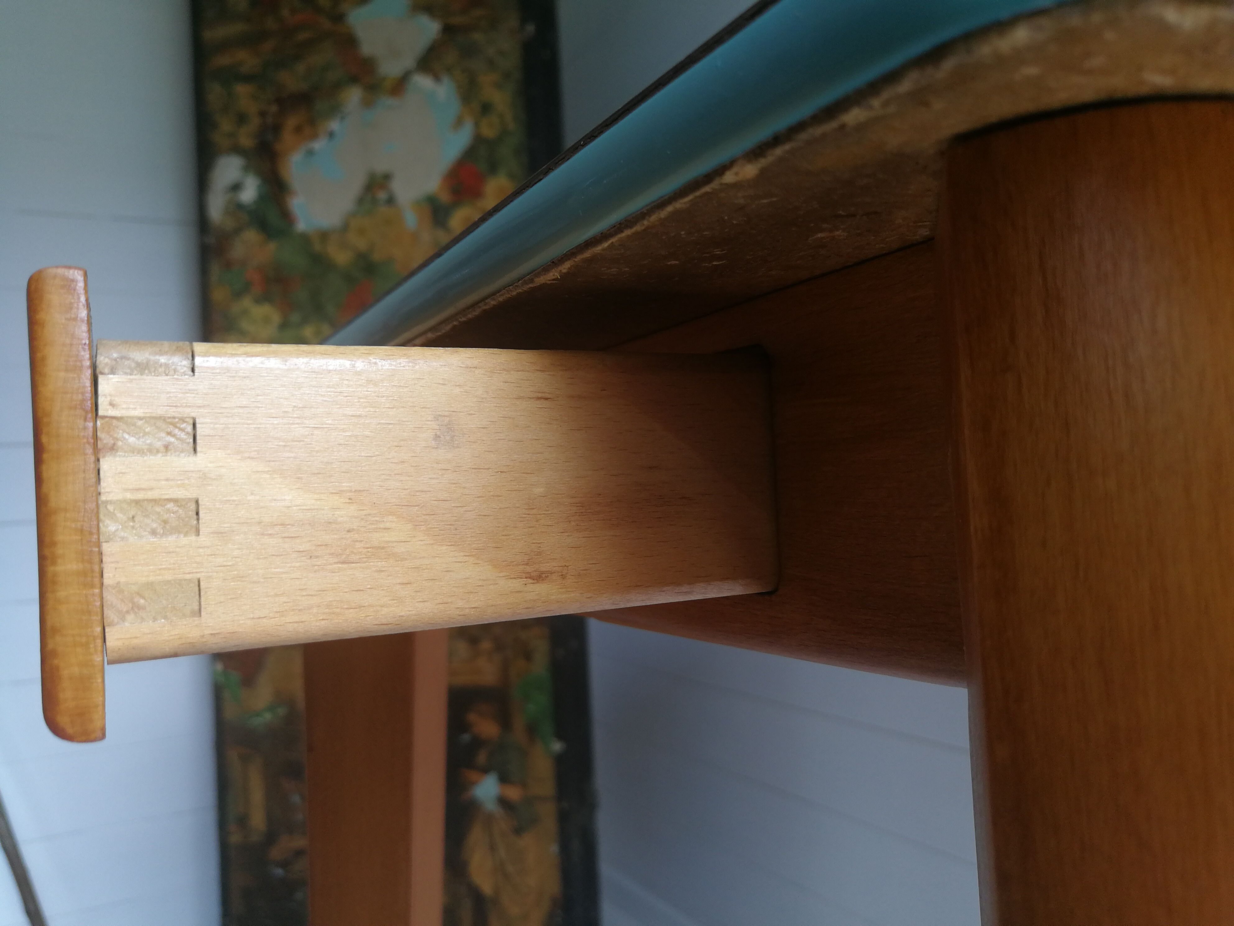 1950’S Blue Formica Drop Leaf Kitchen Dinning Table With Wooden Legs, Vintage, Retro, Mid Century.
