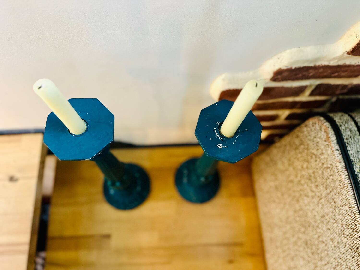 2 vintage duck blue wooden candlesticks