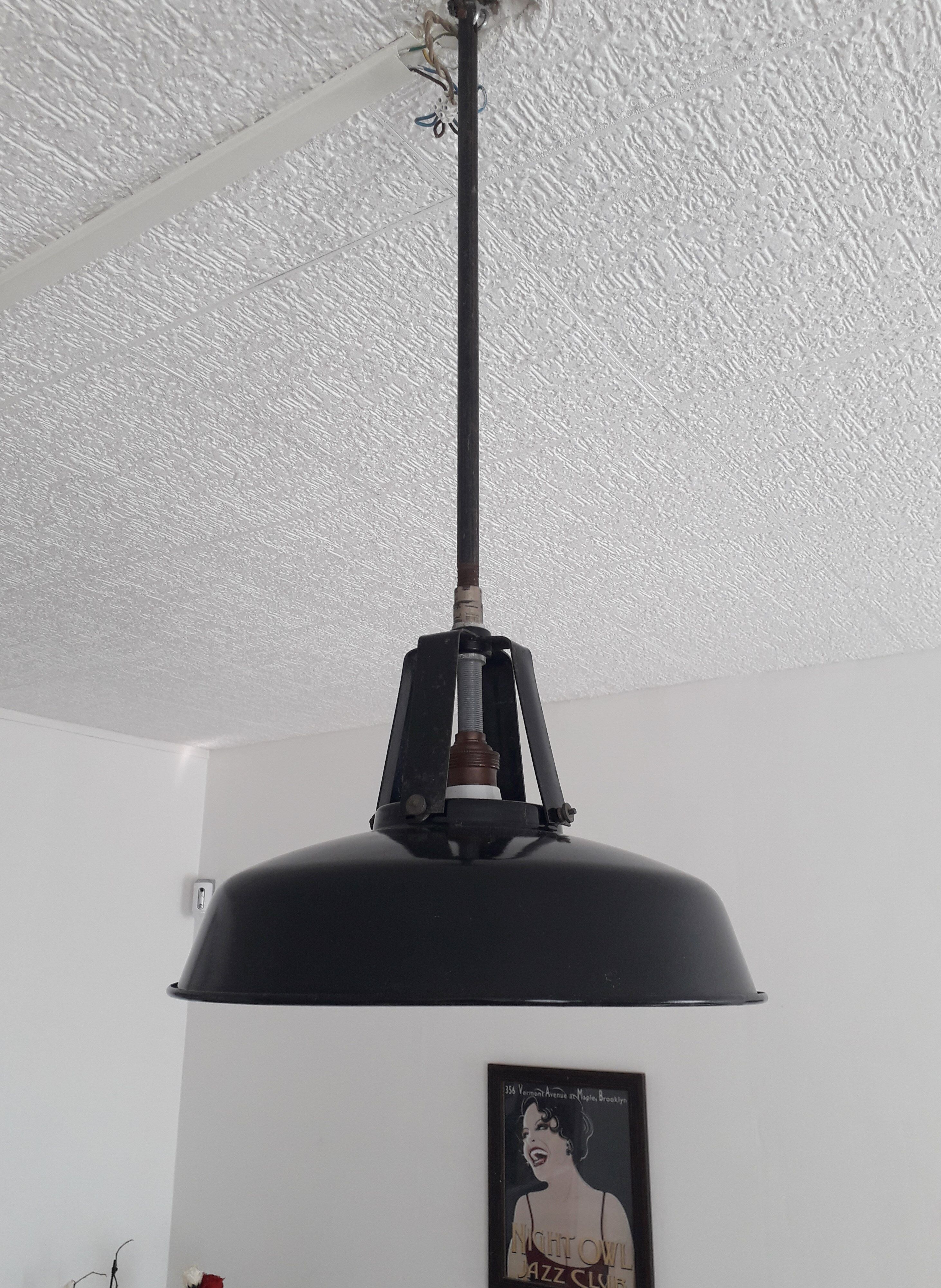 Industrial hanging lamp in black and white enamelled sheet 1950