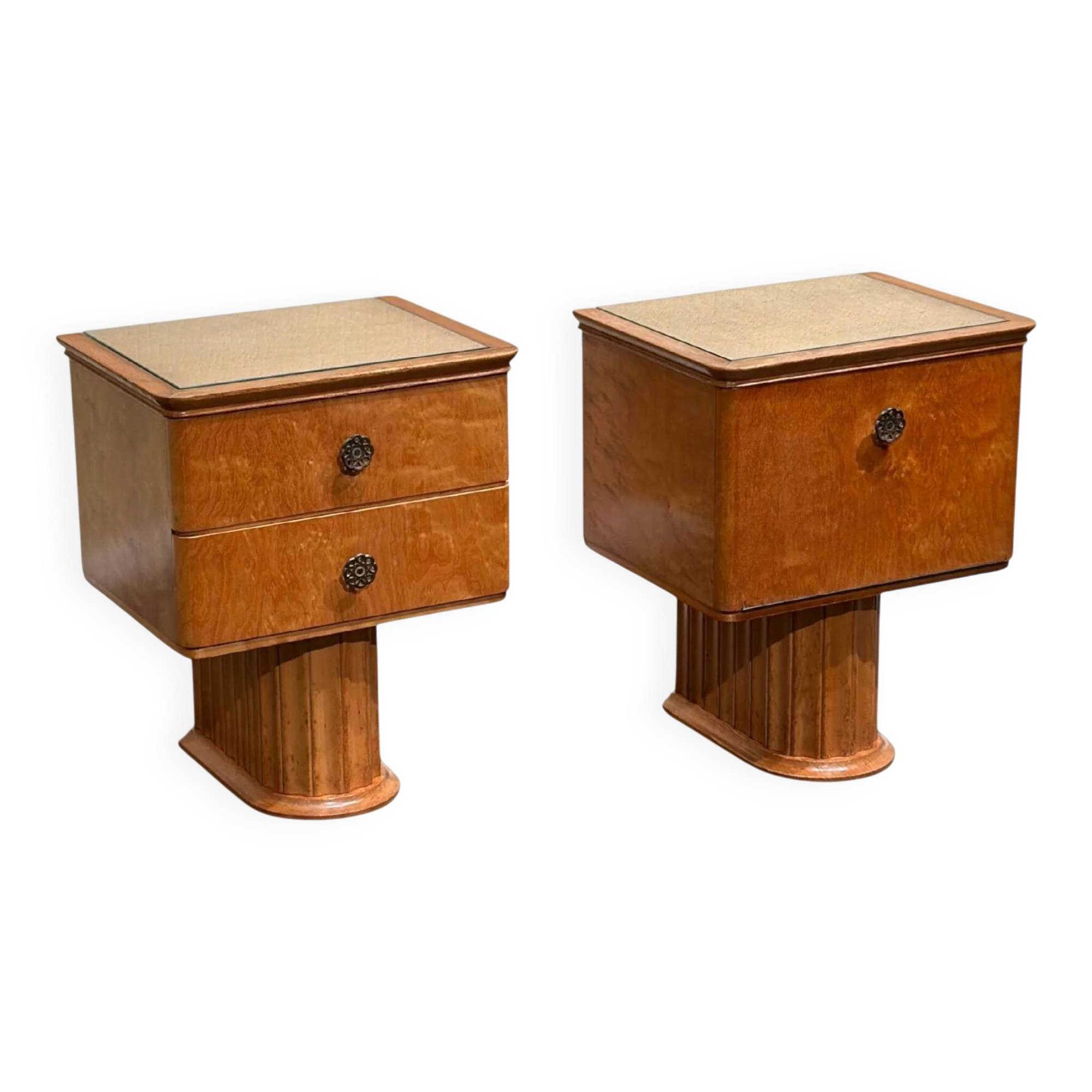 Set Scandinavian birch midcentury Art Deco nightstands