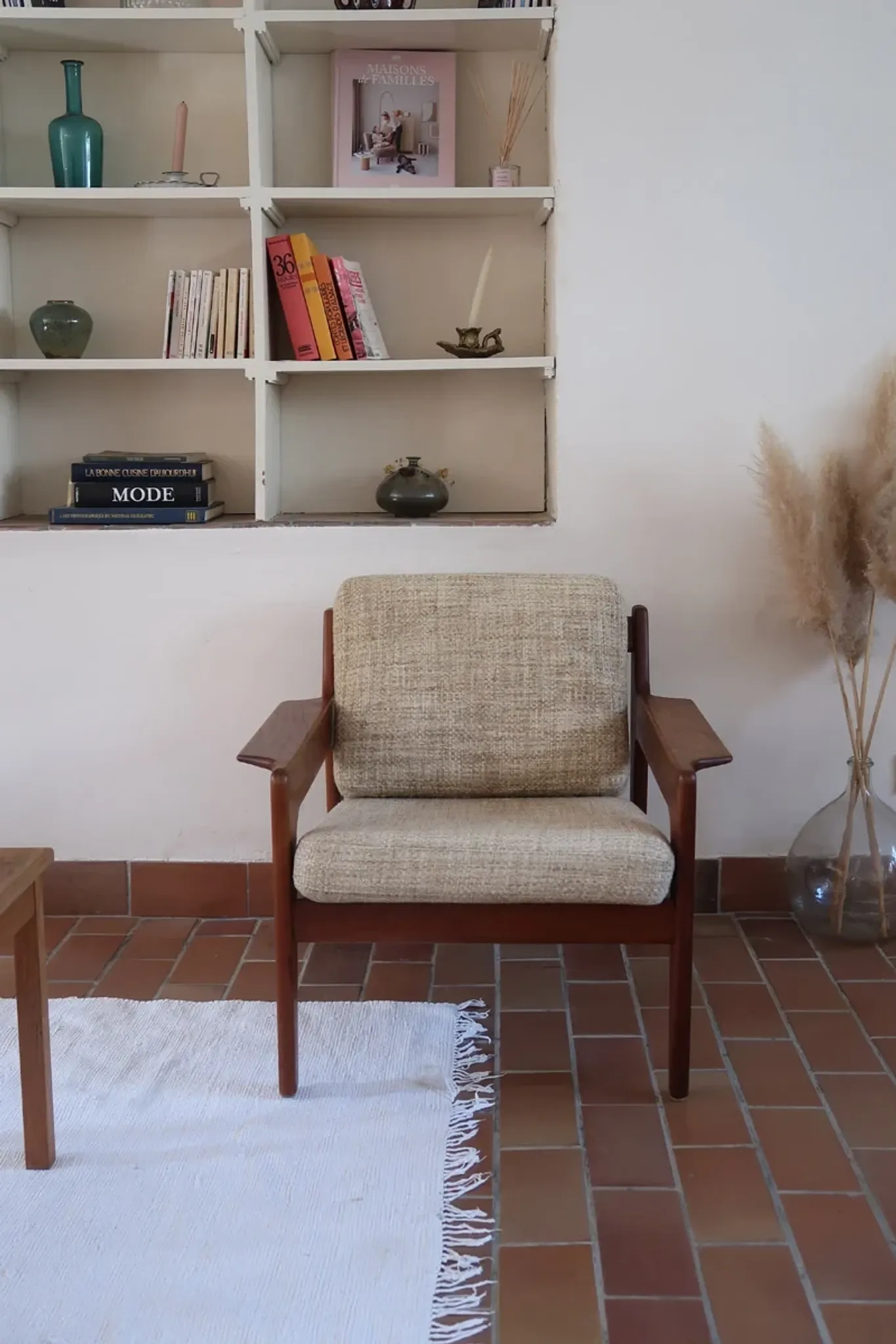 Scandinavian armchair, teak, beige fabric, 1960s.