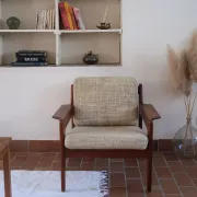 Scandinavian armchair, teak, beige fabric, 1960s.