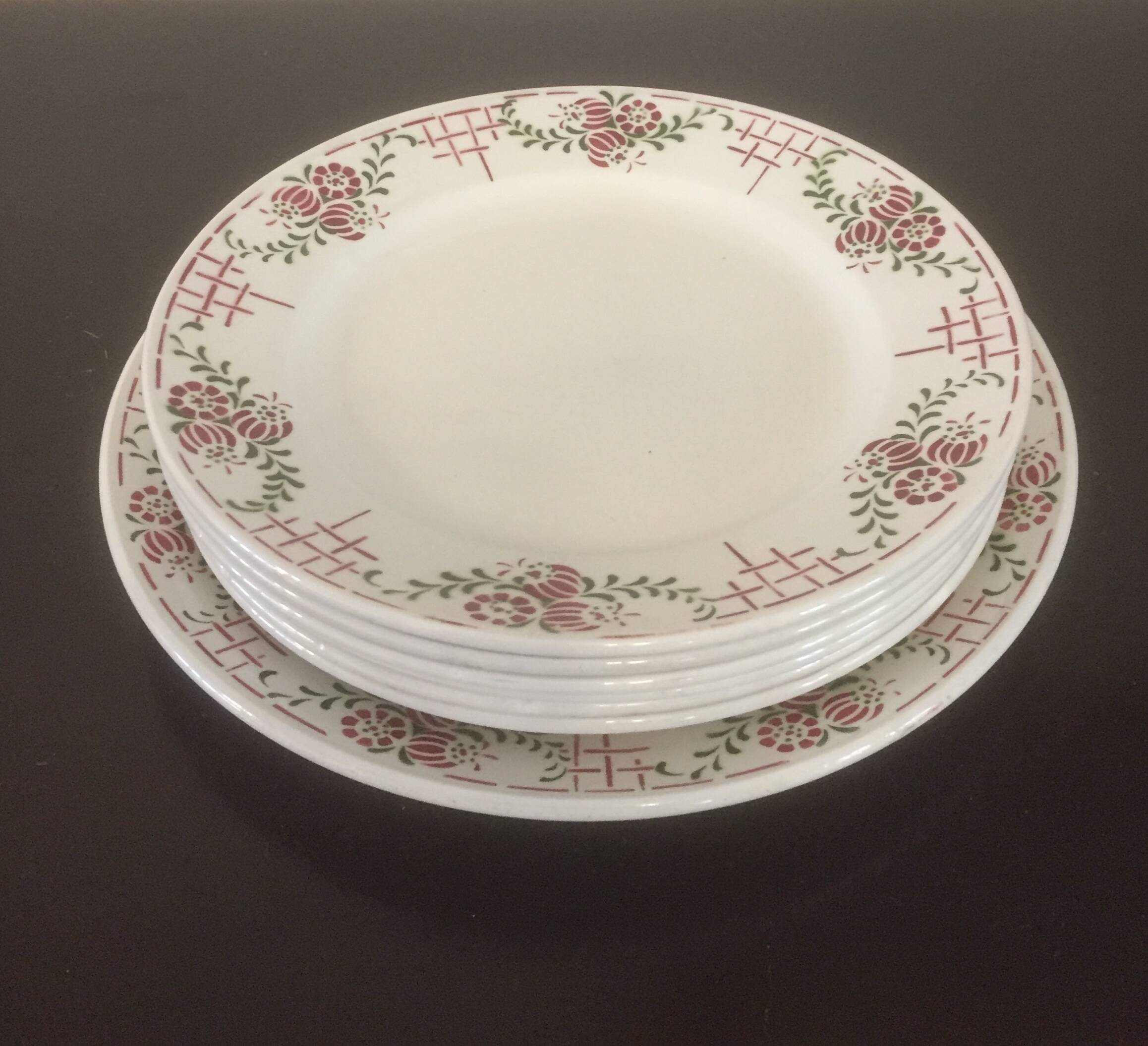 6 dinner plates + 1 dish - iron earth - "ennege" nouvelles galeries paris - vintage