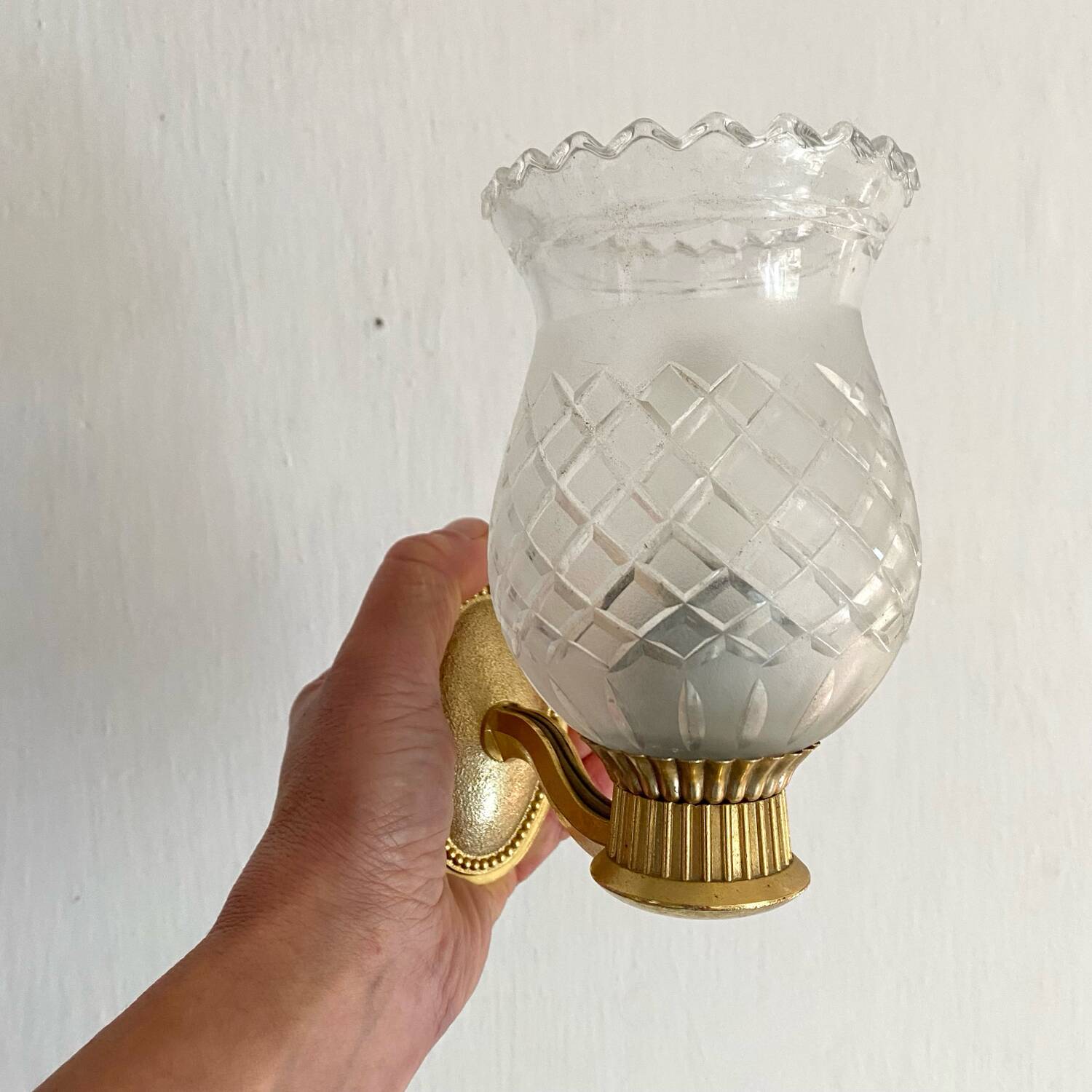 Pair of retro gold and glass tulip wall lights