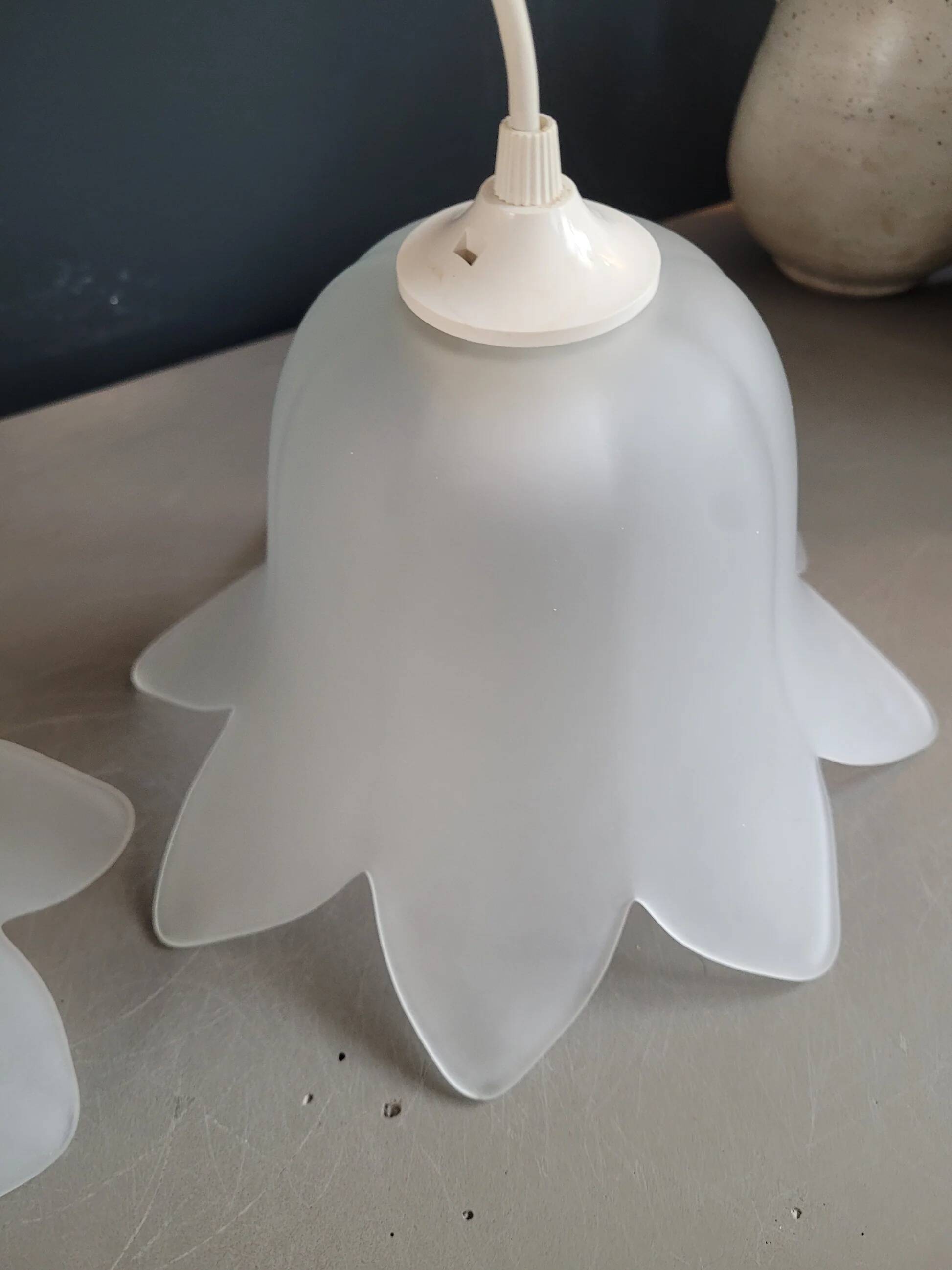 Pair of frosted glass flower pendant lights