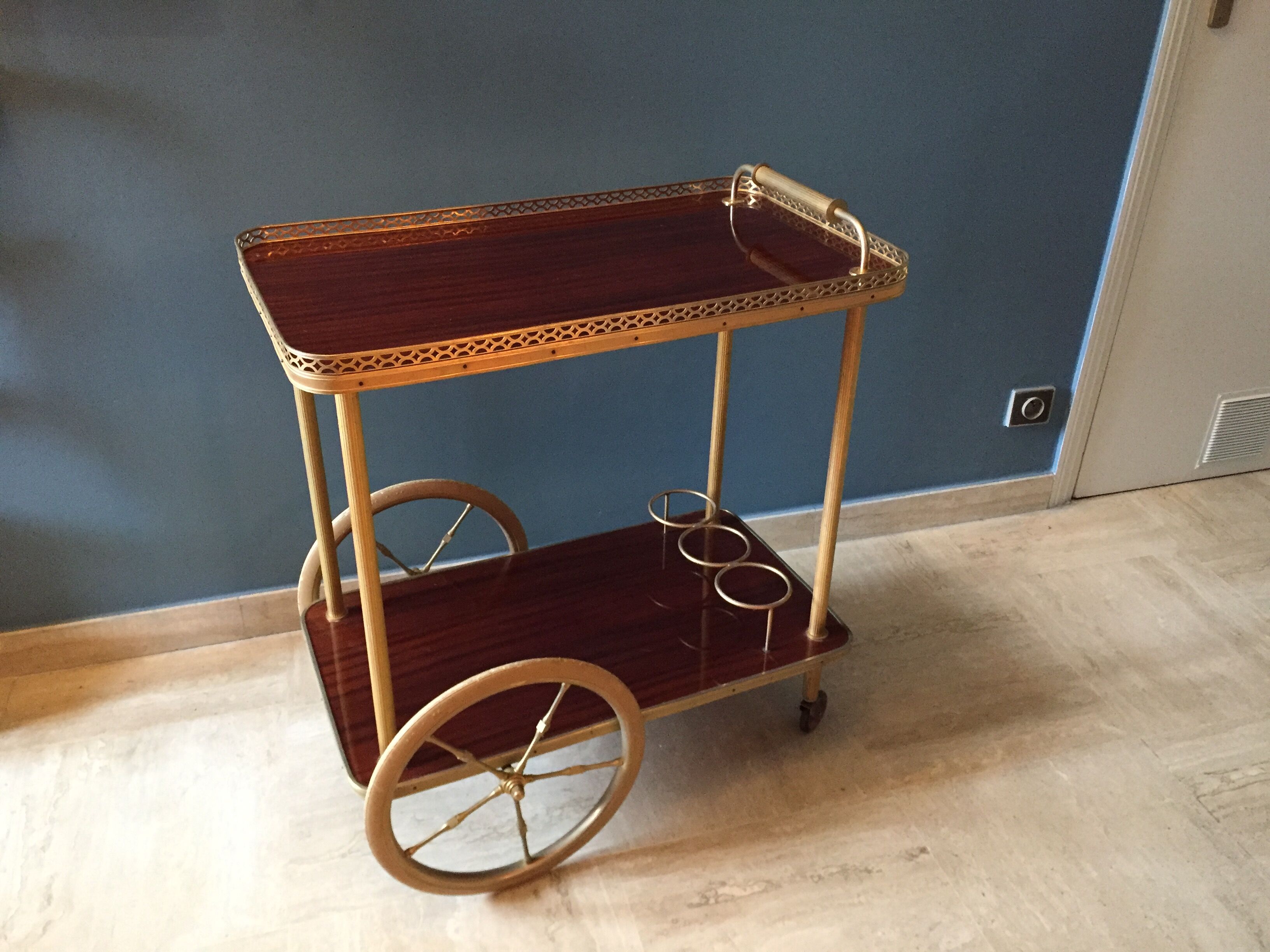 Serving wheels gold metal and wood vintage 1960