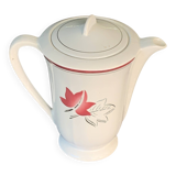 White earthenware coffee pot with red leaf decoration, art deco