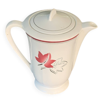 Cafetière en faïence blanche avec un décor des feuilles rouges, art deco