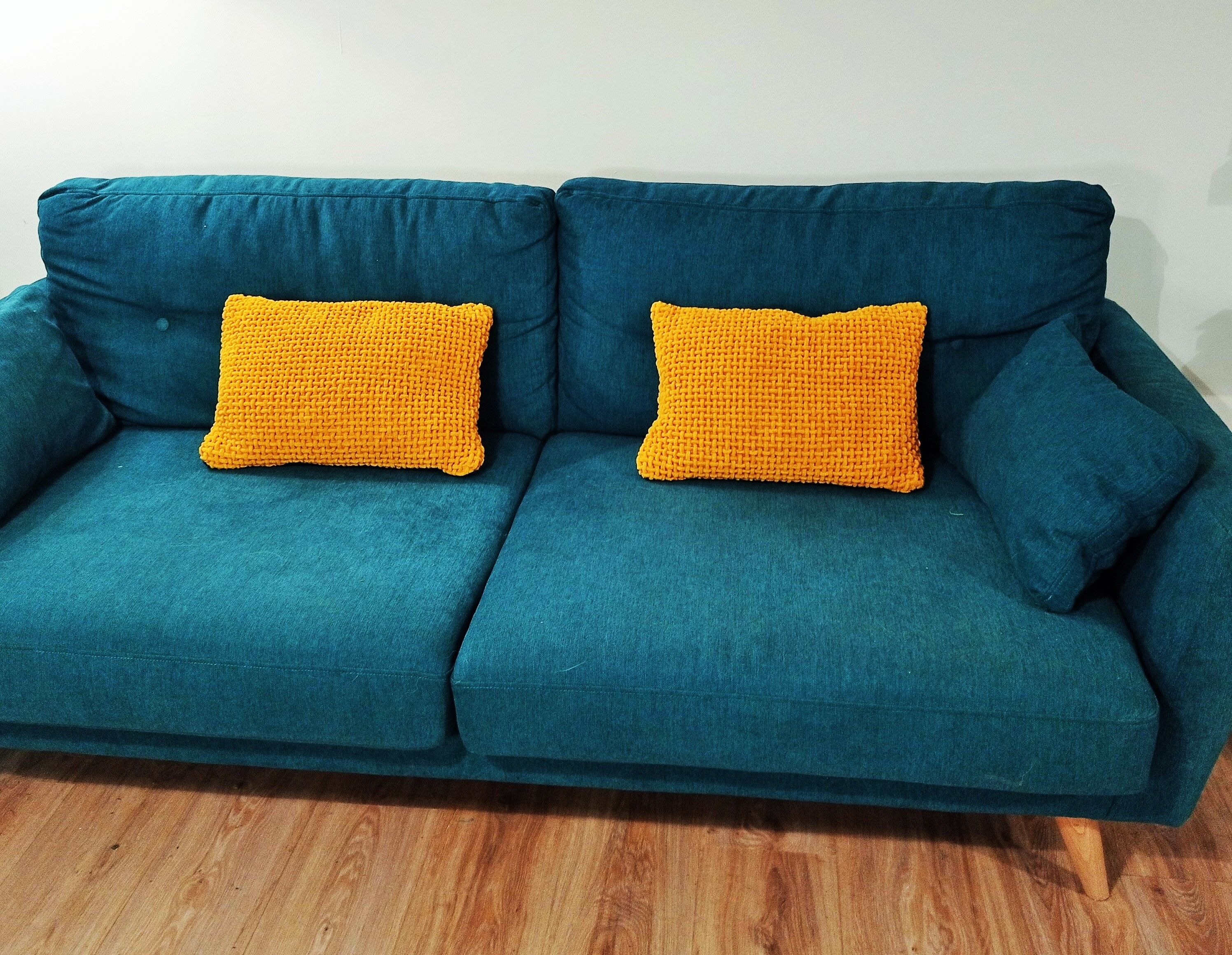 Pair of mustard and ultramarine blue chenille rectangle cushions