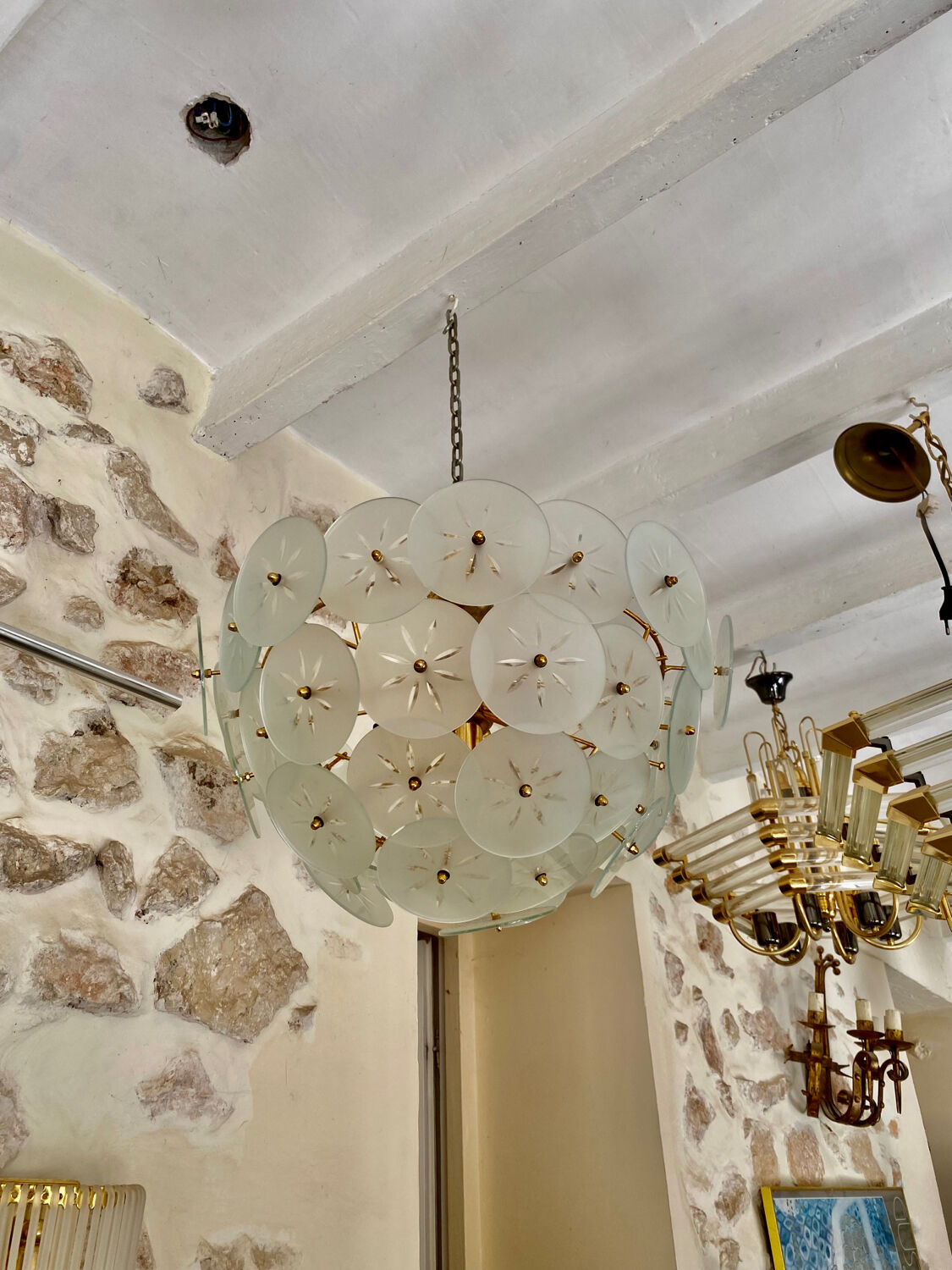 Veca ceiling lamp floral model gold structure, italy 1980s