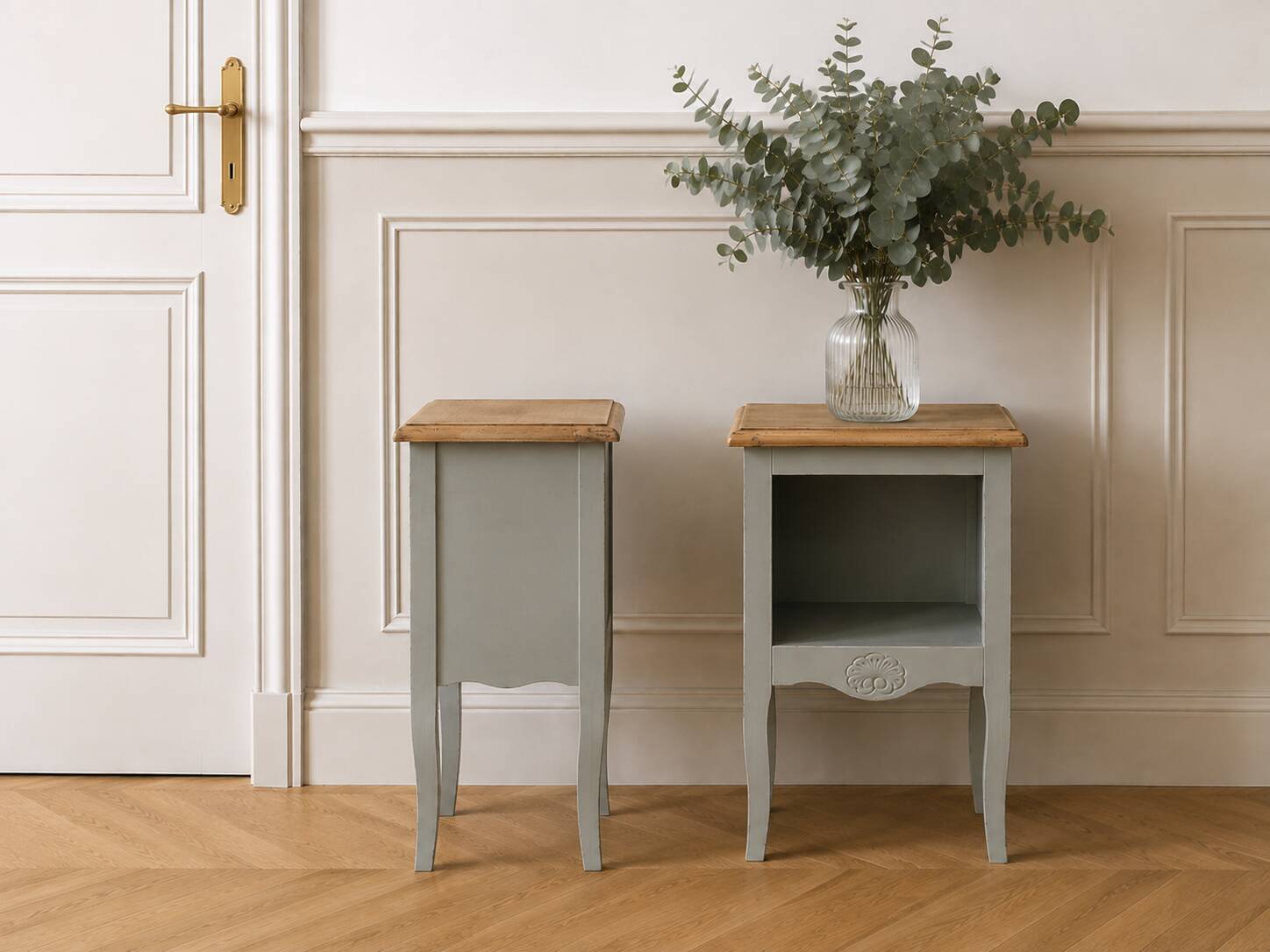 Pair of restored antique bedside tables painted in verdigris.