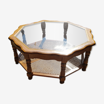 Coffee table in wood and vintage glass