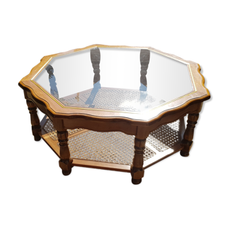 Coffee table in wood and vintage glass