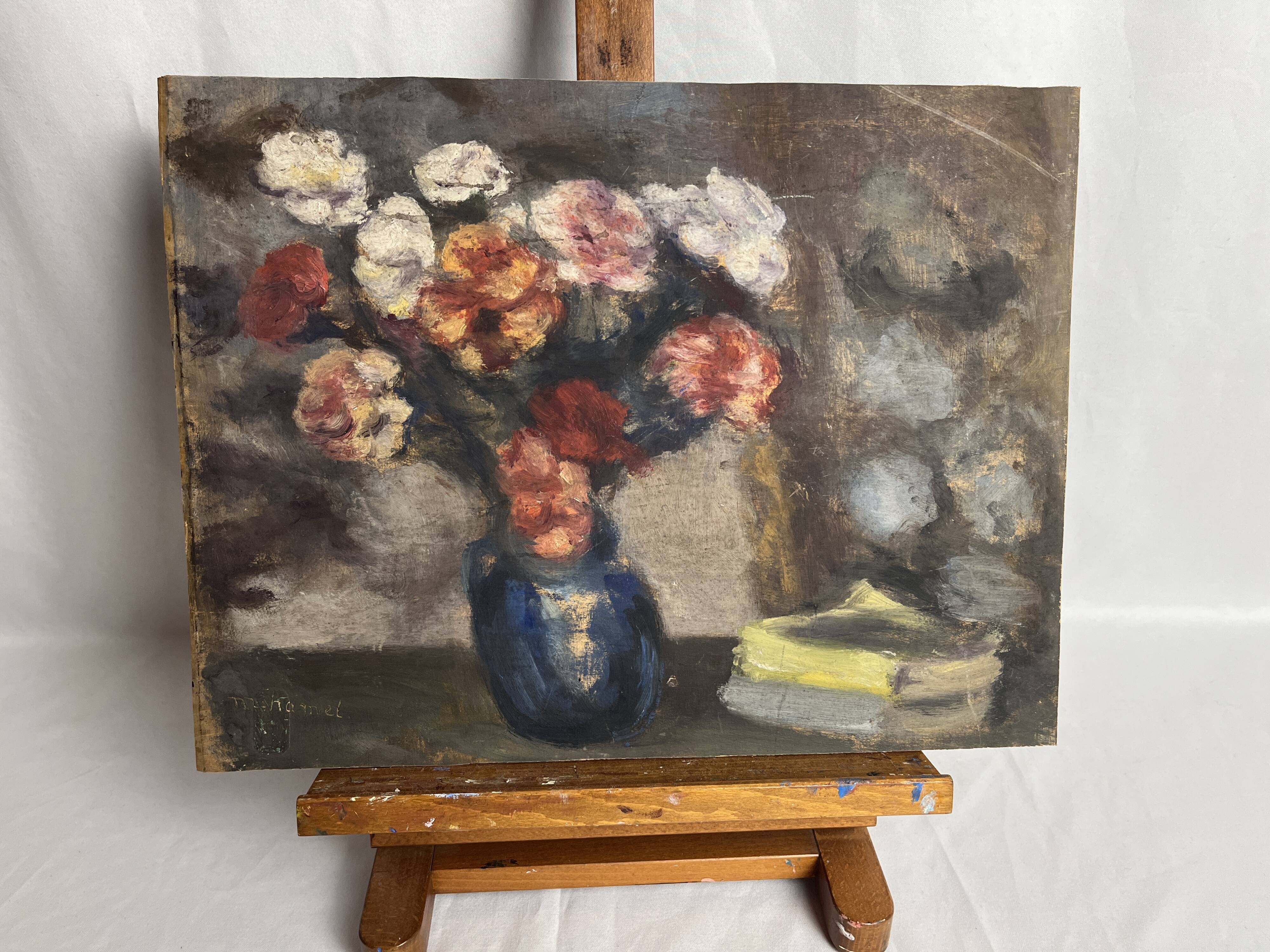 Oil on panel still life bouquet signed early 20th century.