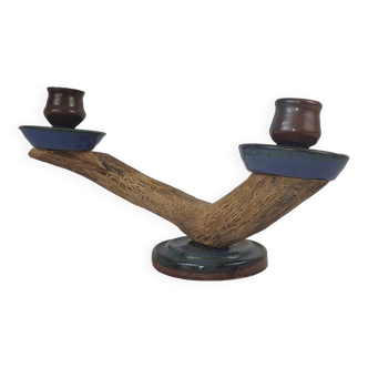 Stoneware and wood candle holder