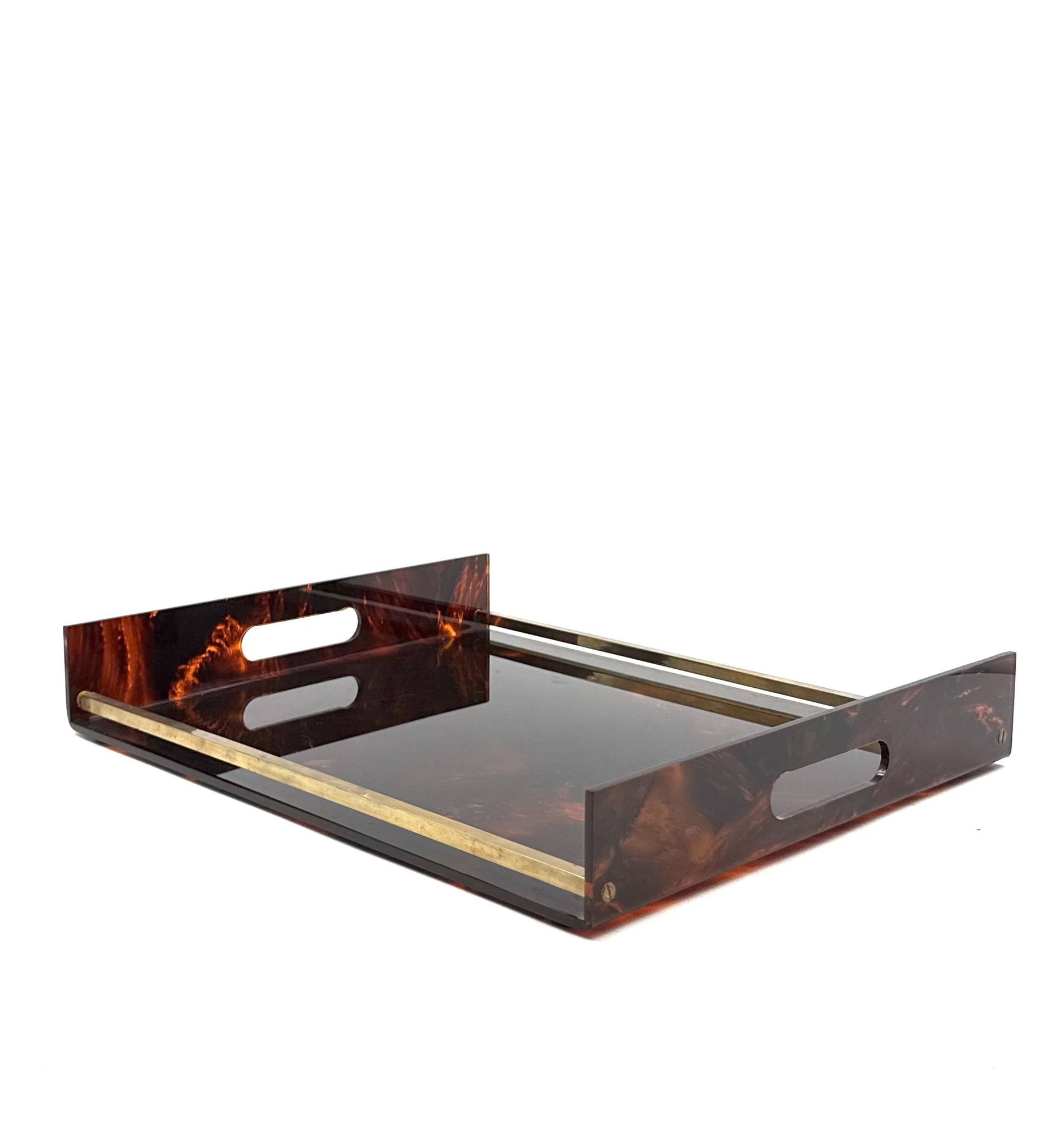 Hollywood regency brass and tortoiseshell lucite tray, Italy 1970s