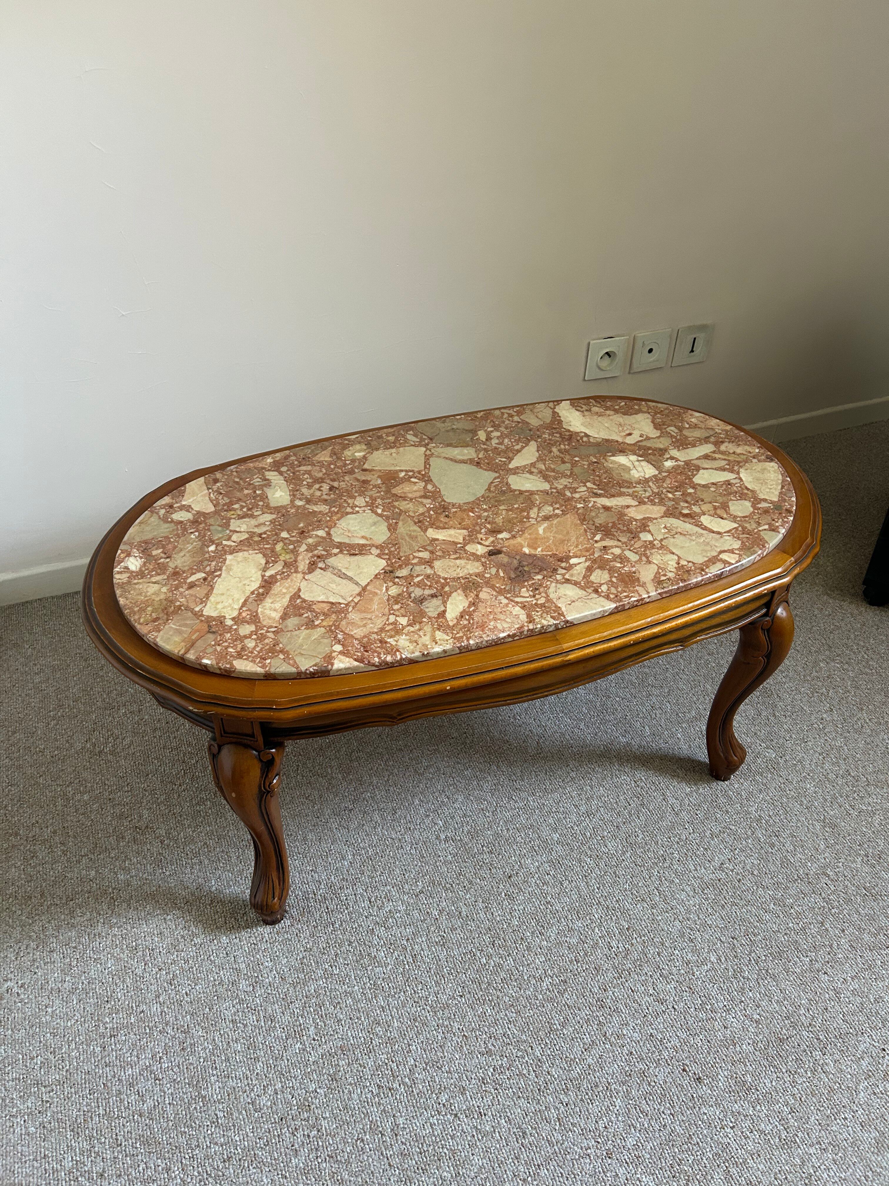 Louis XV style coffee table with marble and solid wood.