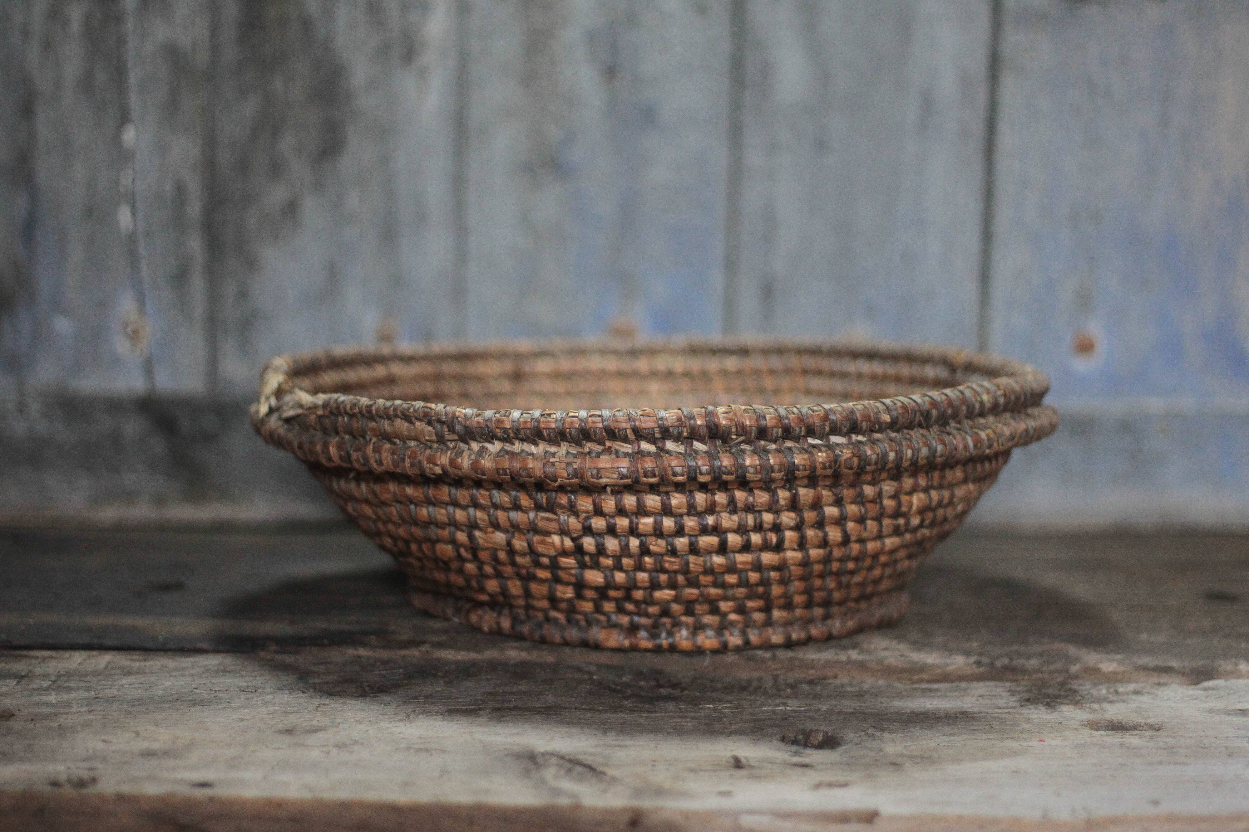 Large old wicker bowl, straw and bramble, woven bowl, rustic.
