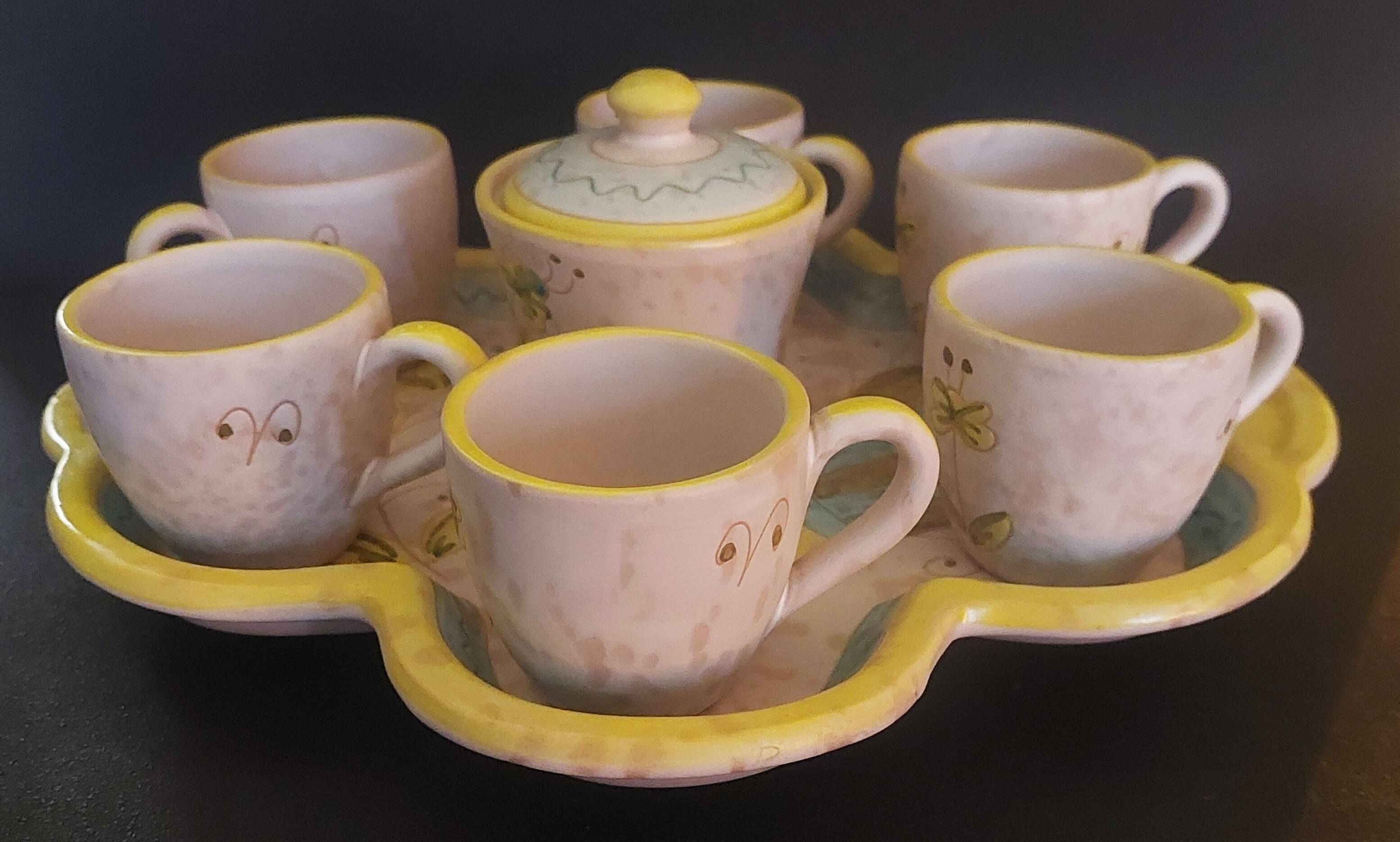 Hand decorated stoneware coffee service Sardinia Italy 20th century