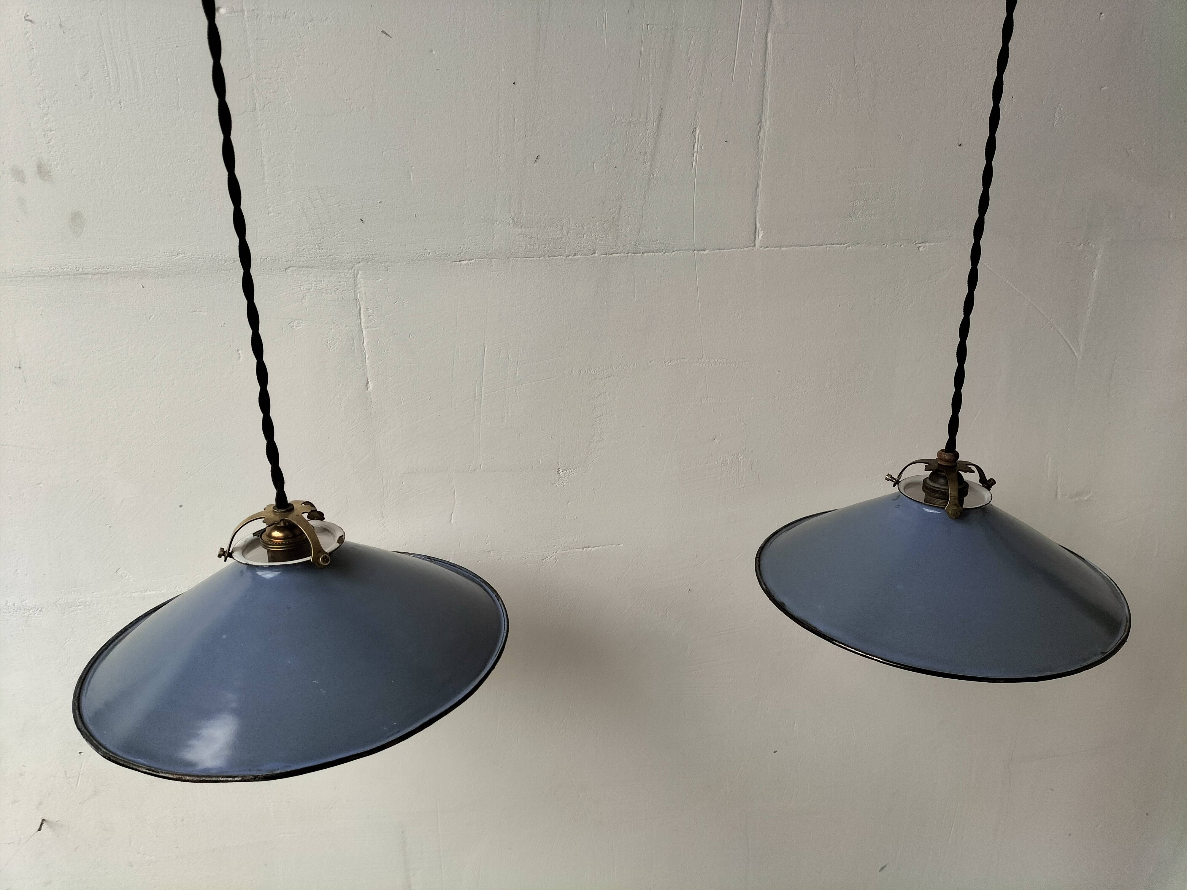 Pair of blue enameled sheet metal pendant lights