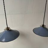 Pair of blue enameled sheet metal pendant lights