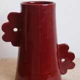 Handmade ceramic abstract vase with asymmetrical handles burgundy flower