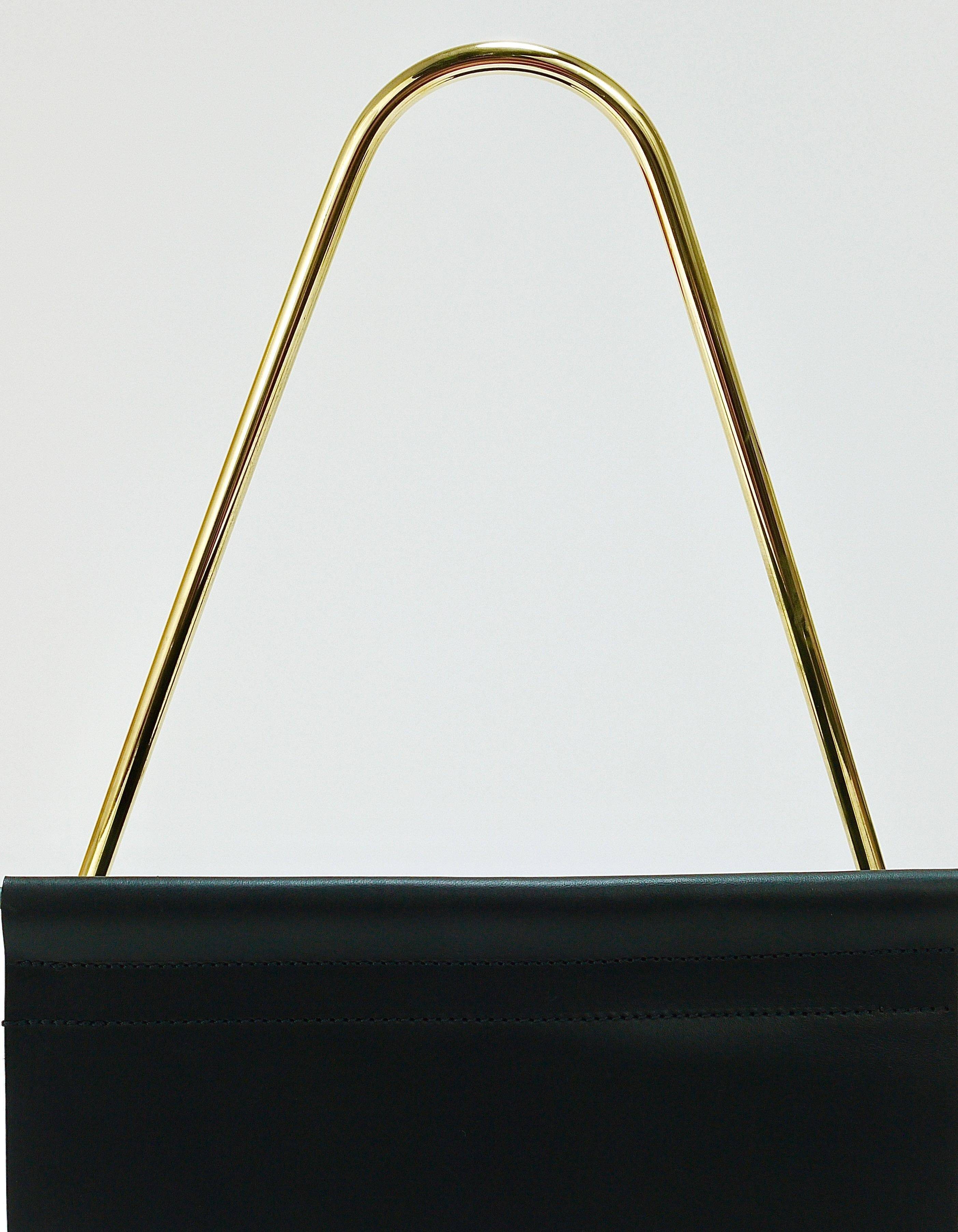 Carl Auböck II Midcentury magazine rack, brass and black leather, vintage, Austria